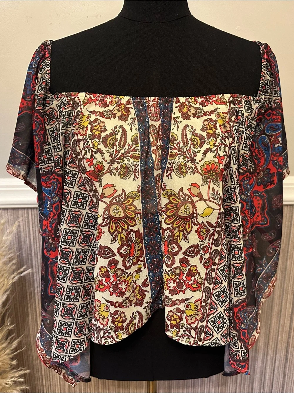 Flying Tomato Boho Paisley Off Shoulder Bell Sleeve Top SMALL